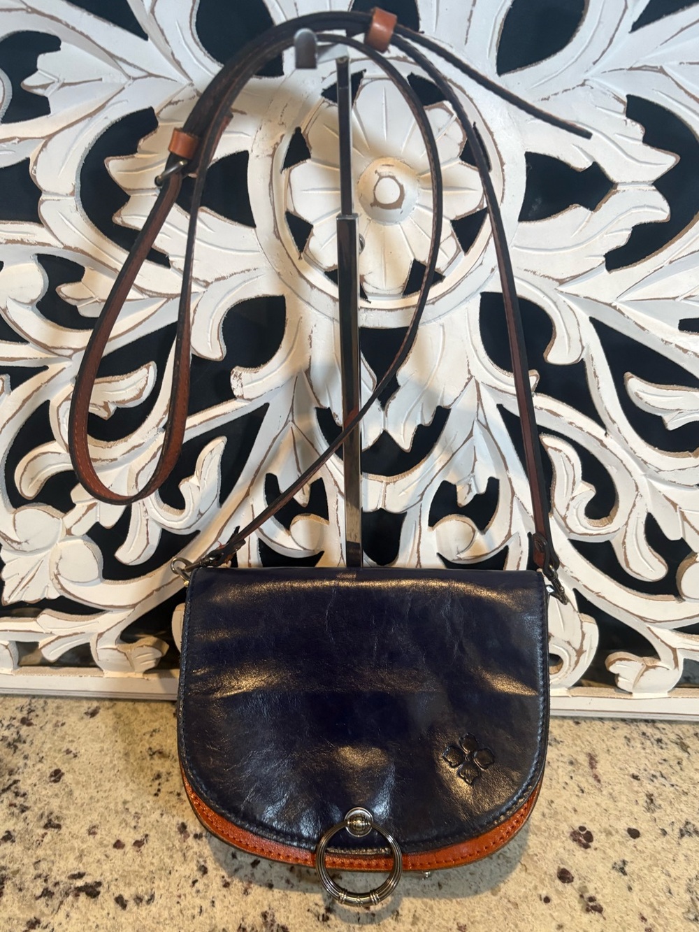 Patricia Nash Bettina Leather Crossbody Saddle Bag in Navy and Brown - Picture 2 of 15